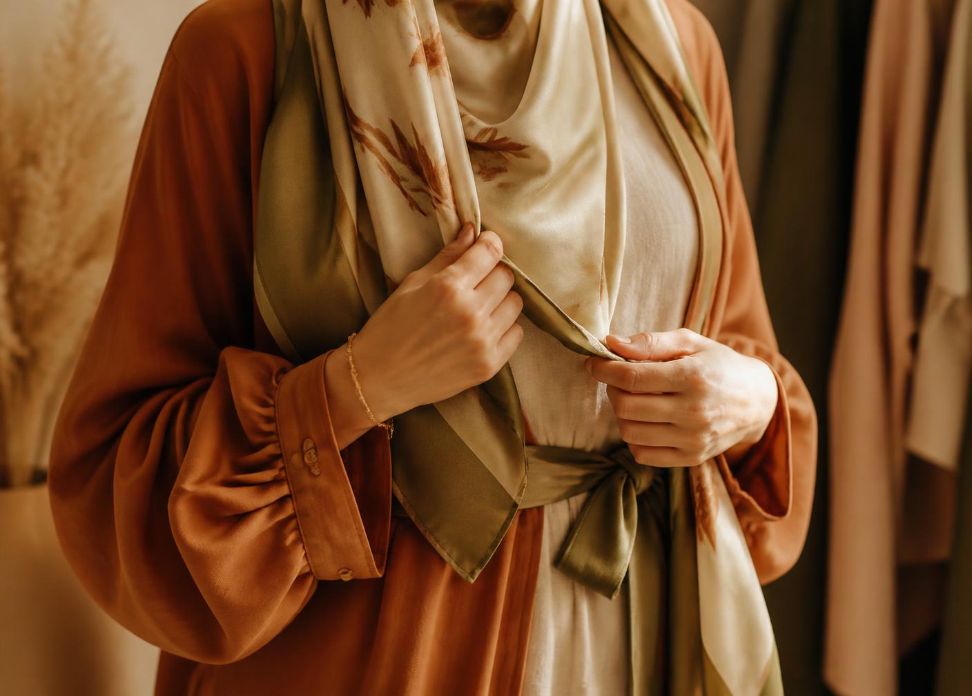 Draped silk and linen garments in rust, cream and olive tones