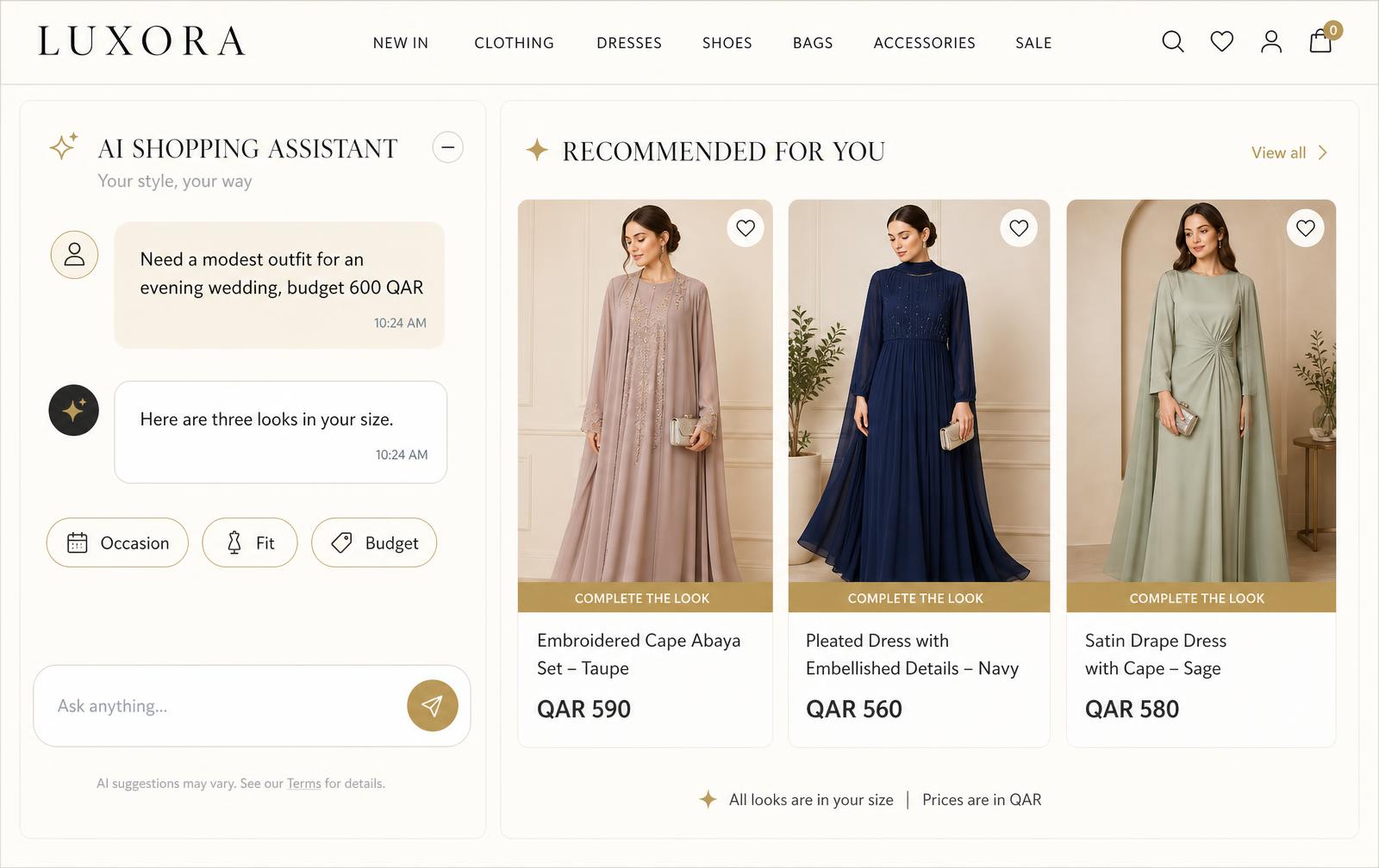 TrendifAI shopping assistant guiding a shopper on a fashion e-commerce site